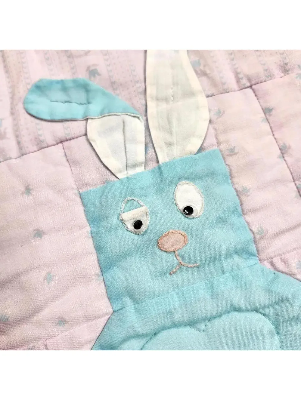 Handmade Baby Quilt with Bunny Pattern Blanket in Blue, White and Lavender